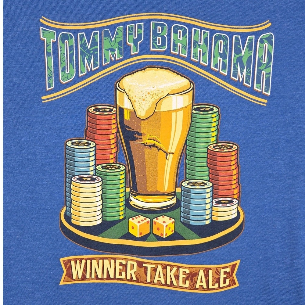Tommy Bahama T-Shirt Mens Small Blue WINNER TAKE ALE Poker Pocket Tee Casual
